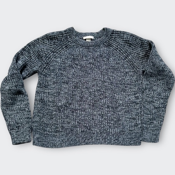 H&M Basic Chunky Rib Knit Sweater Marled Navy Blue Cabin Boxy Preppy Euro Fall M - Picture 1 of 6